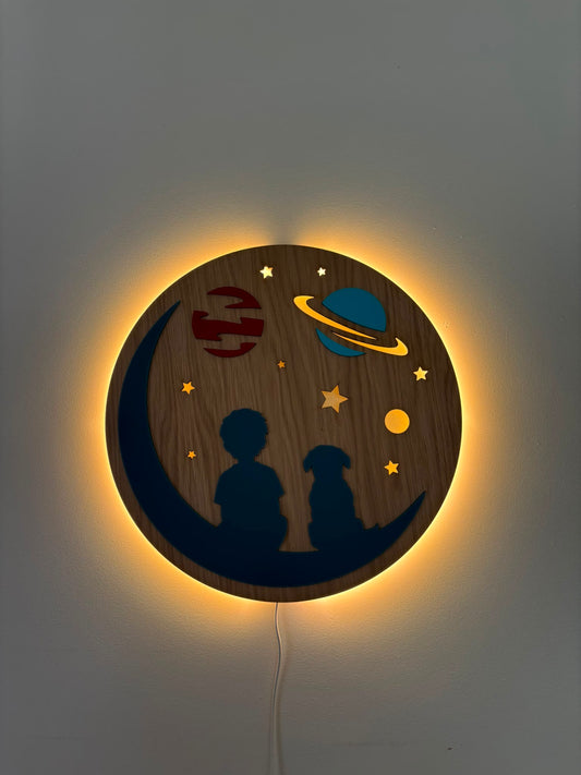 Circular wall light - Boy and dog on moon